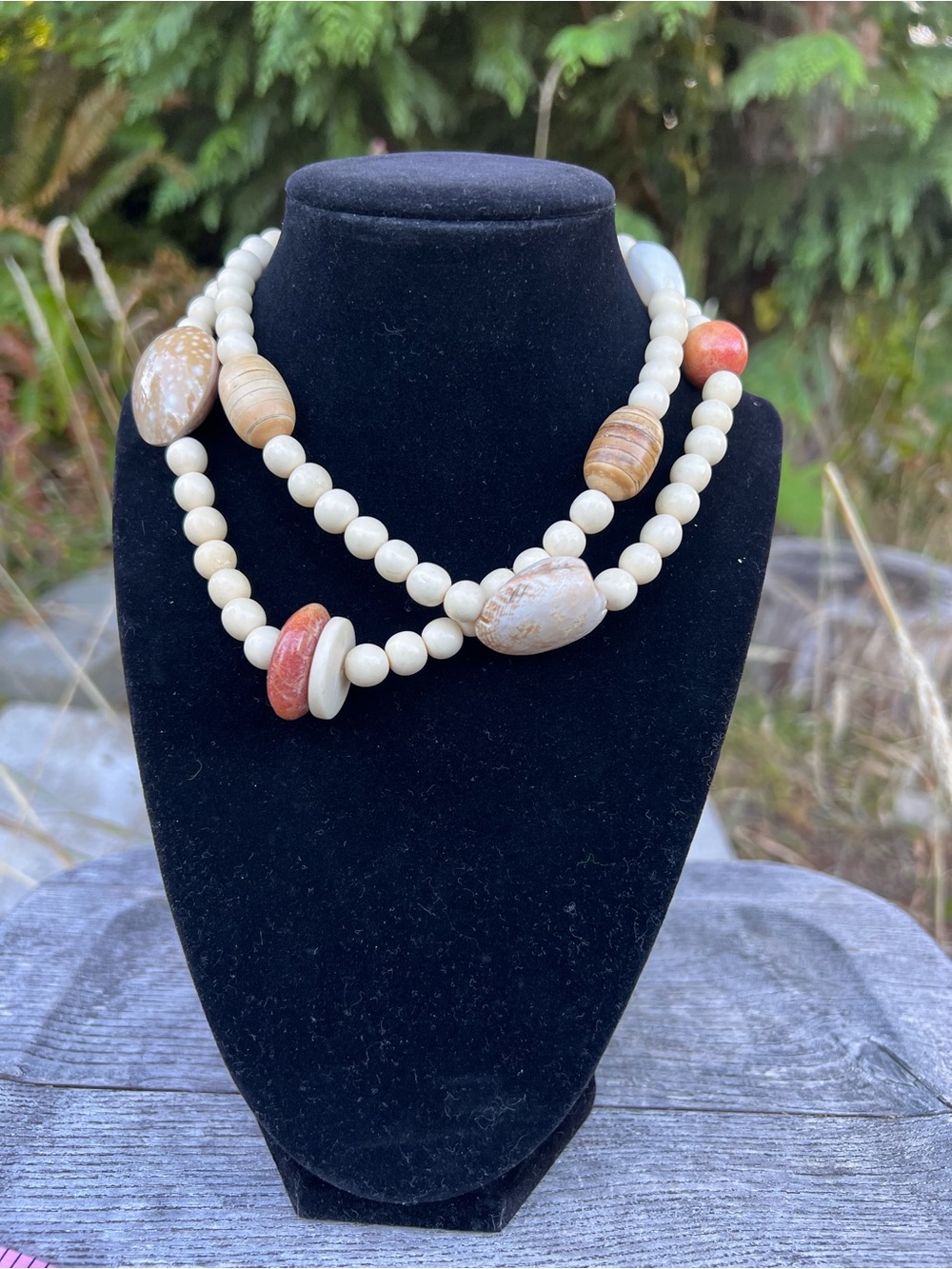 Handcrafted Cream and Beige Beaded Necklace with Coral Accents and Sea Shells